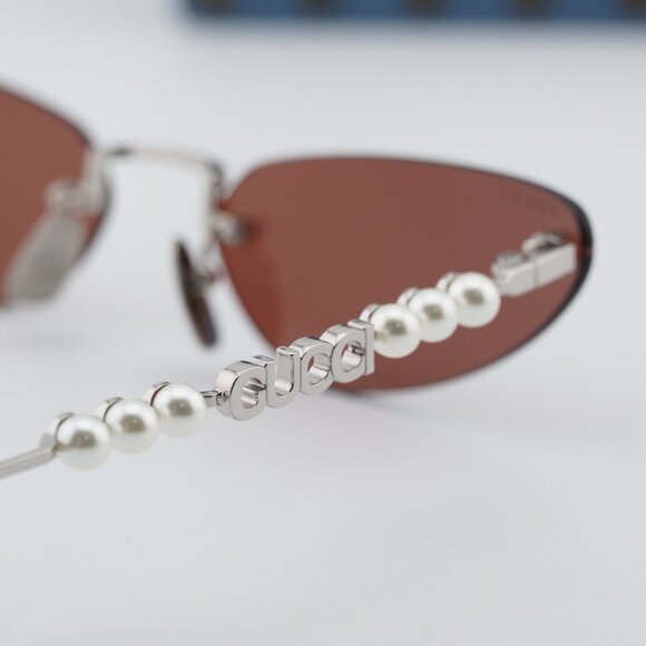 Gucci GG1920S 002 Cat Eye Sunglasses - Shiny Silver with Pearl/Brown main image 9